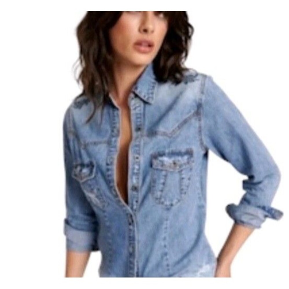 ONE by One Teaspoon Womens Small Chambray Denim Button Up Shirt Distressed Top S